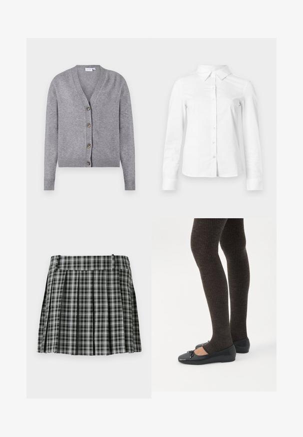 VILA VIRIL V-NECK KNIT CARDIGAN - NOOS - Vest - medium grey melange; Witte blouse met lange mouwen en knopen, met puntige kraag, rechte zoom en aansluitende silhouet, weergegeven op een effen lichte achtergrond.; Zwart-wit geruite geplisseerde rok met een gladde tailleband en meerdere verticale plooien. Gemaakt van lichte stof.; Benen met donkere geribbelde leggings gecombineerd met zwarte ballerina's met kleine strikdetails op een witte achtergrond.