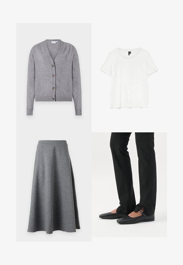VILA VIRIL V-NECK KNIT CARDIGAN - NOOS - Strickjacke - medium grey melange; Weißes T-Shirt mit kurzen Ärmeln und rundem Ausschnitt, hergestellt aus leichtem Stoff. Schlichtes Design, glatte Textur und gerader Saum.; Grauer, knielanger Rock aus weichem, dehnbarem Material, mit einem ausgestellten Design und einem elastischen Bund für zusätzlichen Komfort.; Beine in schwarzen schmalen Hosen mit vorderen Schlitzen am Saum, kombiniert mit schwarzen flachen Mary-Jane-Schuhen mit kleinem Schnallenriemen.