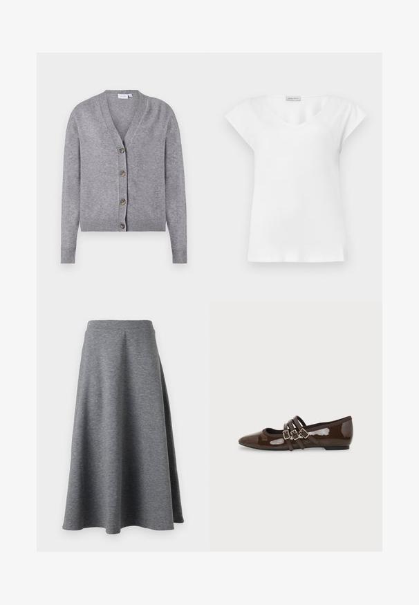 VILA VIRIL V-NECK KNIT CARDIGAN - NOOS - Kardigán - medium grey melange; Biela blúzka s krátkym rukávom, okrúhlym výstrihom a malou značkovou etikietou blízko goliera.; Sivé sukne po kolená vyrobenej z mäkkého, elastického materiálu, so sklápaným dizajnom a elastickým pásom pre pohodlie.; Hnedá lakovaná balerína s špicatou špičkou a tromi nastaviteľnými prackami na boku, zobrazená z vonkajšieho profilu.