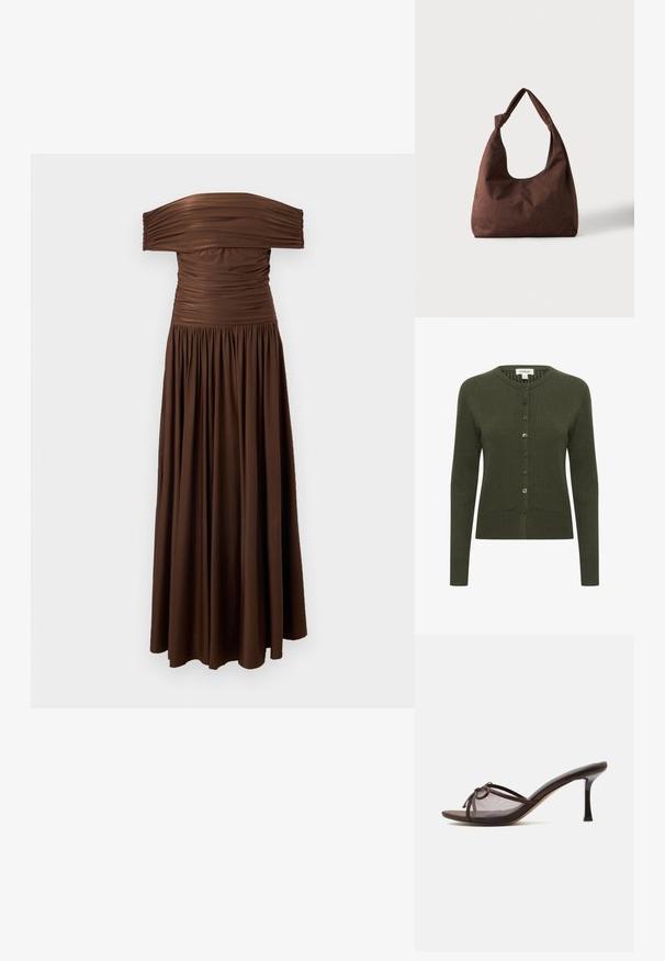 Cardigan côtelé vert olive avec longues manches, boutonnage devant, encolure arrondie et tissu texturé. Dispose de boutons assortis pour la fermeture.; Robe longue marron à épaules dénudées avec corsage froncé et jupe fluide plissée sur un fond clair uni.; Mule ouverte marron avec talon aiguille de hauteur moyenne, tige en mesh transparent et petit détail de nœud sur le dessus.; Sac à main en tissu marron texturé avec une seule anse nouée, présenté sur un fond clair uni.