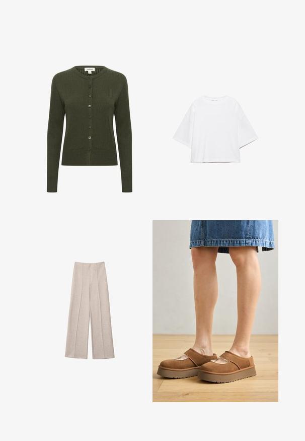 Cardigan côtelé vert olive avec longues manches, boutonnage devant, encolure arrondie et tissu texturé. Dispose de boutons assortis pour la fermeture.; T-shirt blanc à manches courtes, coupe carrée, en coton doux. Présente un col rond et des manches larges, avec un design épuré et simple.; Pantalons larges beiges en tissu doux, avec des plis avant marqués et une taille haute cintrée, sans poches visibles.; Chaussures à plataforma en suède marron avec un bout arrondi, des découpes, et une semelle robuste, accompagnées d'une jupe en denim dans un cadre au sol en bois.