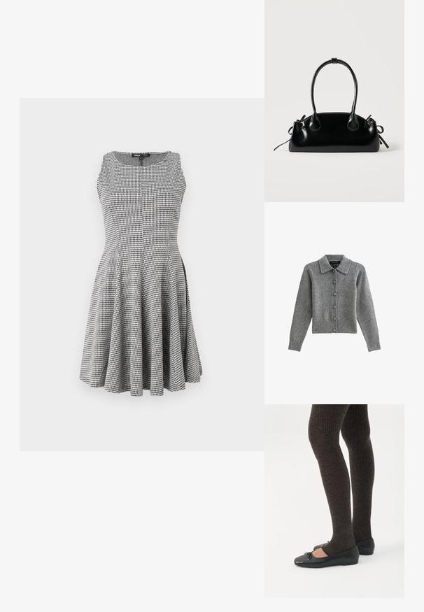 Cárdigan gris con cuello, con botones en el frente y dobladillo acanalado. Fabricado con tejido suave, cuenta con mangas largas y seis botones a juego.; Vestido sin mangas a cuadros blanco y negro con un corsé ajustado y falda acampanada, textura suave y sutiles detalles de costura.; Piernas con leggings oscuros acanalados combinados con bailarinas negras que presentan pequeños detalles de lazo sobre un fondo blanco.; Pequeño bolso negro brillante con dos asas largas y detalles de cordón lateral sobre un fondo claro liso.