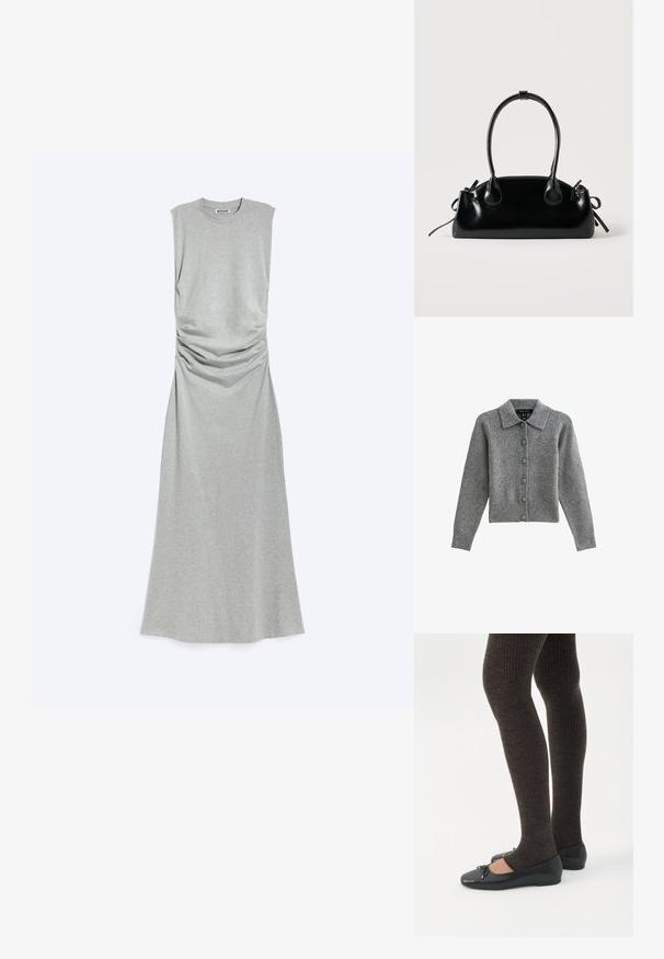 Cárdigan gris con cuello, con botones en el frente y dobladillo acanalado. Fabricado con tejido suave, cuenta con mangas largas y seis botones a juego.; Vestido midi sin mangas de color gris claro con detalles fruncidos en la cintura y escote redondo, colocado plano sobre un fondo blanco.; Piernas con leggings oscuros acanalados combinados con bailarinas negras que presentan pequeños detalles de lazo sobre un fondo blanco.; Pequeño bolso negro brillante con dos asas largas y detalles de cordón lateral sobre un fondo claro liso.