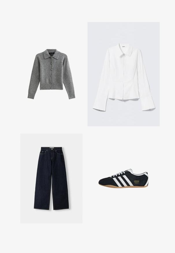 Grijze cardigan met een kraag, knopen aan de voorkant en een geribbelde zoom. Gemaakt van zacht materiaal, heeft het lange mouwen en zes bijpassende knopen.; Wit lang mouwen shirt met een kraag en een rits aan de voorkant. Heeft uitlopende manchetten en een gladde, katoenmengseltextuur.; Donkerblauwe denim wijduitlopende jeans met een hoge taille, vijf zakken, contrasterende stiksels en zilveren metalen hardware. Gladde textuur en een nette afwerking.; Zwarte suède sneaker met witte drie strepen, gouden logo en een bruine rubberen zool. Heeft een laag profiel vetersluiting ontwerp.