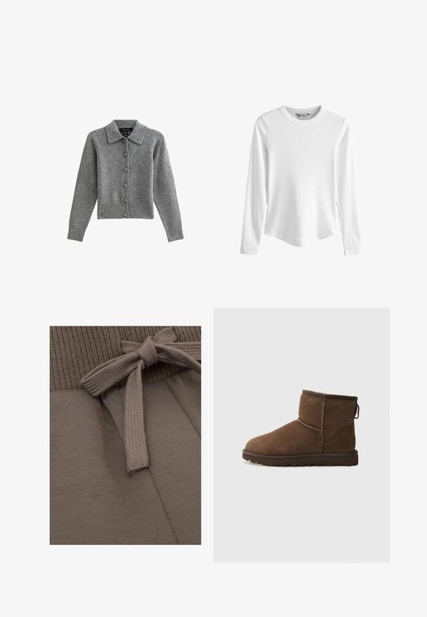 Cárdigan gris con cuello, con botones en el frente y dobladillo acanalado. Fabricado con tejido suave, cuenta con mangas largas y seis botones a juego.; Top blanco de manga larga con textura acanalada, escote redondo y dobladillo ligeramente curvado, mostrado sobre un fondo blanco uniforme.; Pantalones de chándal de algodón en un color marrón apagado, con una cintura elástica acanalada y un detalle de lazo de tela en la parte frontal, con una textura suave en general.; UGG CLASSIC MINI II - Botas para la nieve - dusted cocoa