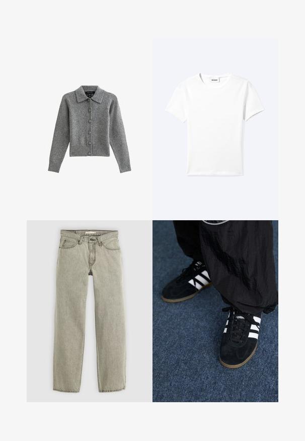 Cárdigan gris con cuello, con botones en el frente y dobladillo acanalado. Fabricado con tejido suave, cuenta con mangas largas y seis botones a juego.; Camiseta blanca lisa de manga corta con cuello redondo y una pequeña etiqueta "WEEKDAY" dentro del cuello, mostrada extendida sobre un fondo claro.; Vaqueros rectos de color gris claro con cierre frontal de botón y cremallera, trabillas para cinturón y diseño de cinco bolsillos.; Zapatillas deportivas de ante negro con tres rayas blancas y cordones negros. Un pantalón negro texturizado es parcialmente visible al lado de las zapatillas.