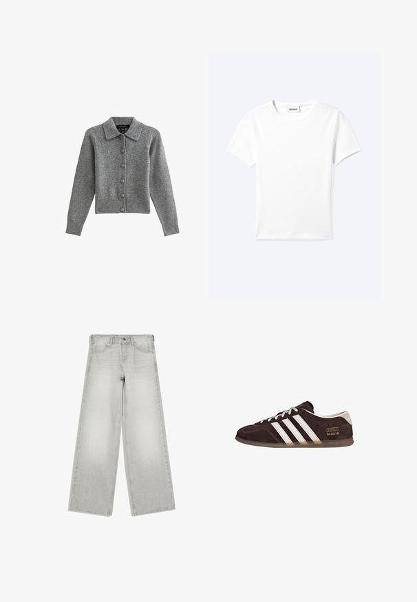 Grijze cardigan met een kraag, knopen aan de voorkant en een geribbelde zoom. Gemaakt van zacht materiaal, heeft het lange mouwen en zes bijpassende knopen.; Effen wit T-shirt met korte mouwen en ronde hals met een klein "WEEKDAY" label aan de binnenkant van de hals, plat neergelegd op een lichte achtergrond.; Lichtgrijze jeans met wijde pijpen, knoop- en ritssluiting, voorzakken en riemlussen, plat weergegeven op een witte achtergrond.; Bruine suède sneakers met drie witte strepen, rubberen zool en een tekstlabel met de tekst "Gazelle" in goud. Vetersluiting met grijze veters.
