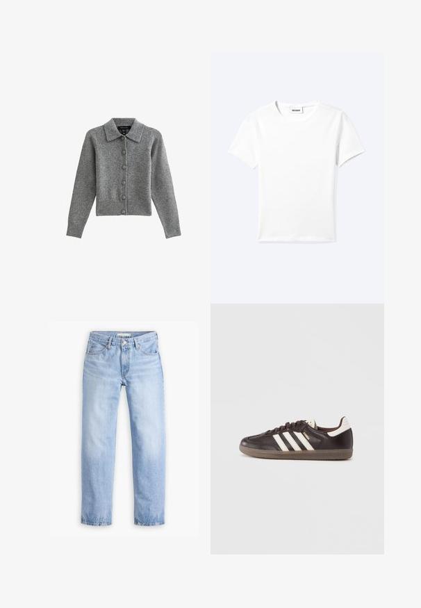 Cárdigan gris con cuello, con botones en el frente y dobladillo acanalado. Fabricado con tejido suave, cuenta con mangas largas y seis botones a juego.; Camiseta blanca lisa de manga corta con cuello redondo y una pequeña etiqueta "WEEKDAY" dentro del cuello, mostrada extendida sobre un fondo claro.; Jeans de mezclilla azul claro con diseño de pierna recta, cinco bolsillos y cintura de altura media. Presentan una textura descolorida y dobladillo cosido.; Zapatillas deportivas de cuero marrón oscuro con diseño de tres franjas blancas, suela de goma y la palabra "Samba" en letras doradas en el lateral. Forma clásica de corte bajo.
