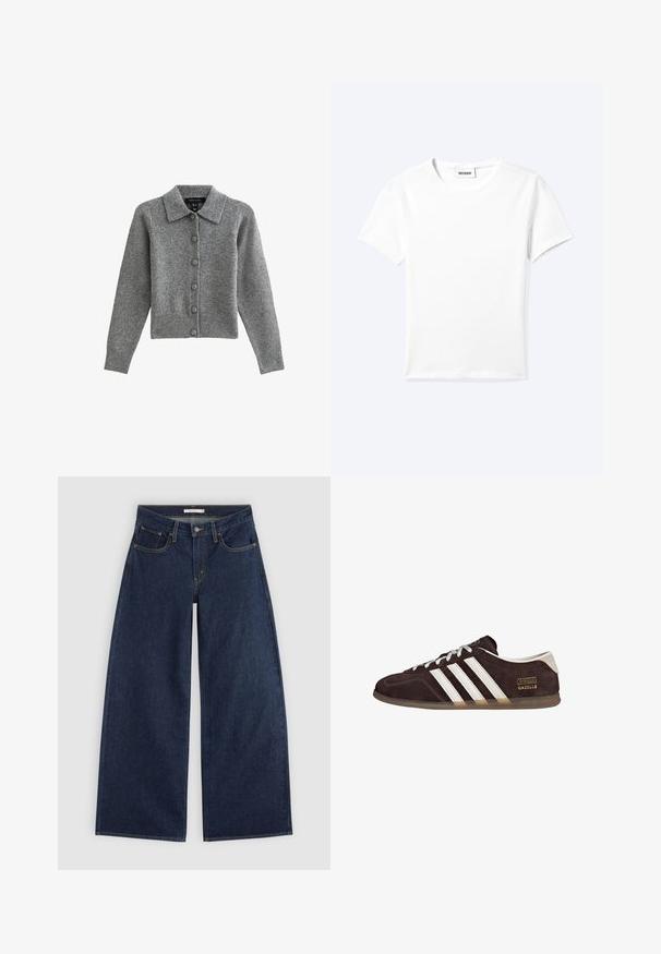 Grijze cardigan met een kraag, knopen aan de voorkant en een geribbelde zoom. Gemaakt van zacht materiaal, heeft het lange mouwen en zes bijpassende knopen.; Effen wit T-shirt met korte mouwen en ronde hals met een klein "WEEKDAY" label aan de binnenkant van de hals, plat neergelegd op een lichte achtergrond.; Donkerblauwe wijde spijkerbroek met voorzakken, riemlussen en knoopsluiting, plat gelegd op een lichte achtergrond.; Bruine suède sneakers met drie witte strepen, rubberen zool en een tekstlabel met de tekst "Gazelle" in goud. Vetersluiting met grijze veters.
