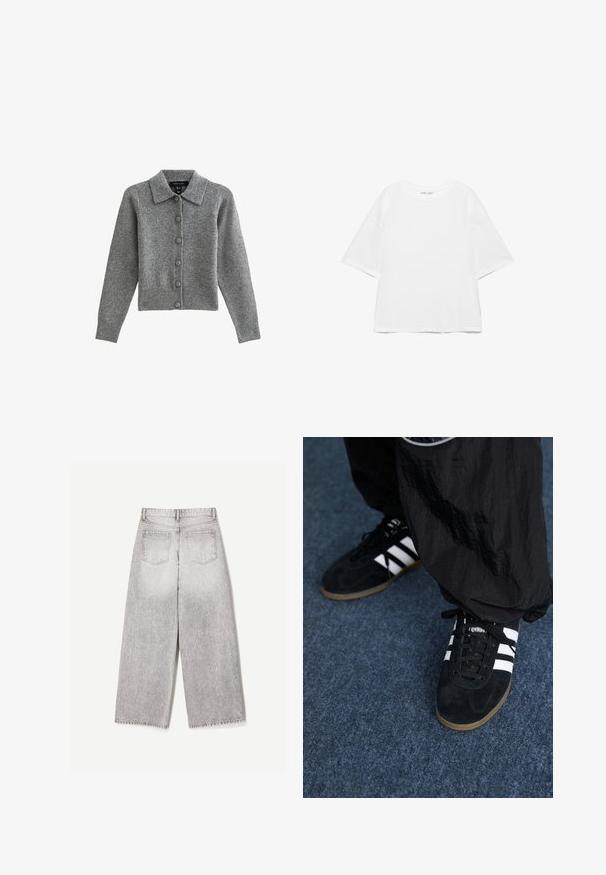Grijze cardigan met een kraag, knopen aan de voorkant en een geribbelde zoom. Gemaakt van zacht materiaal, heeft het lange mouwen en zes bijpassende knopen.; Witte oversized T-shirt met korte mouwen, ronde hals, effen ontwerp en verzonken schoudernaden op een witte achtergrond.; Lichtgrijze wijd uitlopende jeans met hoge taille en twee achterzakken, gezien van achteren tegen een effen witte achtergrond.; Zwarte suède sportschoenen met drie witte strepen en zwarte veters. Een gestructureerde zwarte broek is deels zichtbaar naast de schoenen.