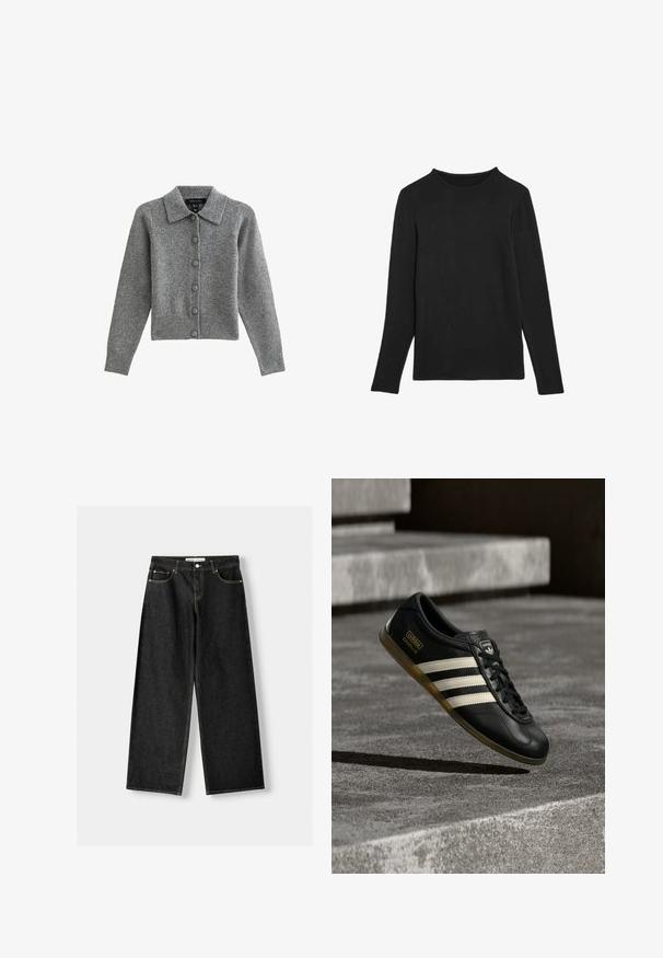 Grijze cardigan met een kraag, knopen aan de voorkant en een geribbelde zoom. Gemaakt van zacht materiaal, heeft het lange mouwen en zes bijpassende knopen.; Zwarte long-sleeve shirt gemaakt van zachte stof. Heeft een ronde hals en een eenvoudig ontwerp zonder zichtbare patronen of accenten.; Zwarte denim wijde jeans met vijf zakken, metalen knoop en ritsluiting, en contrasterende gele stiksels langs de naden.; Zwarte leren sneaker met wit ontwerp van drie strepen, gestructureerde accenten, zwarte veters en een gum zool. Merkenlogo zichtbaar op de tong.