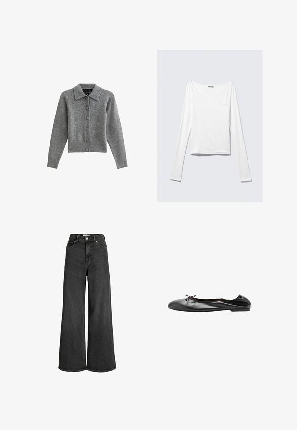 Cárdigan gris con cuello, con botones en el frente y dobladillo acanalado. Fabricado con tejido suave, cuenta con mangas largas y seis botones a juego.; Top blanco de manga larga con diseño cruzado y un bolsillo. Fabricado en una tela suave y elástica. Con un corte casual y relajado.; Vaqueros negros de talle alto y pernera ancha con botón y cremallera delanteros, dos bolsillos delanteros y traseros, fabricados con tejido vaquero.; Bailarina plana de cuero negro con un pequeño lazo en la parte delantera y una costura trasera ligeramente fruncida, mostrada de lado sobre un fondo blanco.