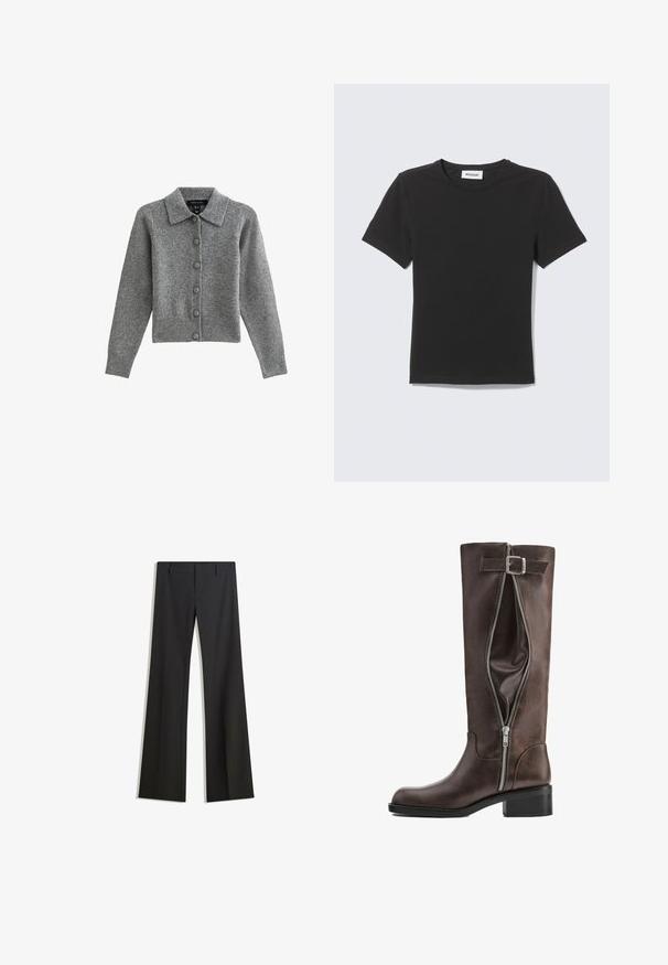 Cardigan gris avec col, boutonnière et ourlet côtelé. Fabriqué en tissu doux, il présente des manches longues et six boutons assortis.; T-shirt noir à manches courtes col rond posé à plat avec une petite étiquette blanche à l'intérieur du col sur un fond clair.; Pantalon noir évasé avec une texture lisse, doté d'une coupe ajustée et d'une taille cintrée. Aucun motif ou ornement visible.; Botte haute en cuir marron foncé avec une fermeture éclair latérale partiellement ouverte et une sangle décorative à boucle près du haut.