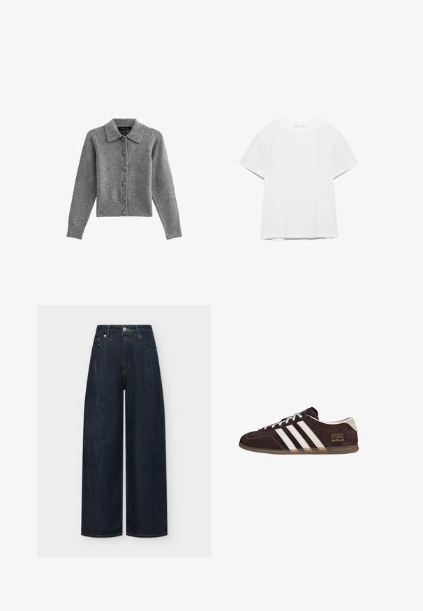 Grijze cardigan met een kraag, knopen aan de voorkant en een geribbelde zoom. Gemaakt van zacht materiaal, heeft het lange mouwen en zes bijpassende knopen.; Effen wit T-shirt met korte mouwen en ronde hals, met een rechte zoom, gepresenteerd tegen een witte achtergrond.; Donkerblauwe jeans met wijde pijpen, vooraan knopen en rits, riemlussen en voor- en achterzakken op een effen achtergrond.; Bruine suède sneakers met drie witte strepen, rubberen zool en een tekstlabel met de tekst "Gazelle" in goud. Vetersluiting met grijze veters.