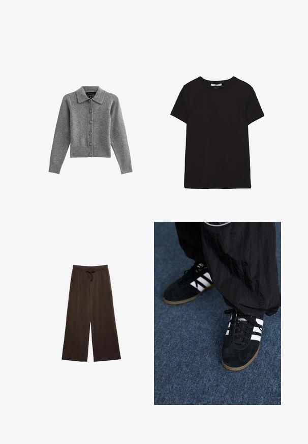 Grijze cardigan met een kraag, knopen aan de voorkant en een geribbelde zoom. Gemaakt van zacht materiaal, heeft het lange mouwen en zes bijpassende knopen.; Zwart katoenen T-shirt met korte mouwen, ronde hals, standaard pasvorm en zichtbaar binnenlabel in de nek.; Bruine wijde broek met een trekkoord in de taille. Gemaakt van zachte stof, met verticale naden aan de voorkant voor extra detail.; Zwarte suède sportschoenen met drie witte strepen en zwarte veters. Een gestructureerde zwarte broek is deels zichtbaar naast de schoenen.