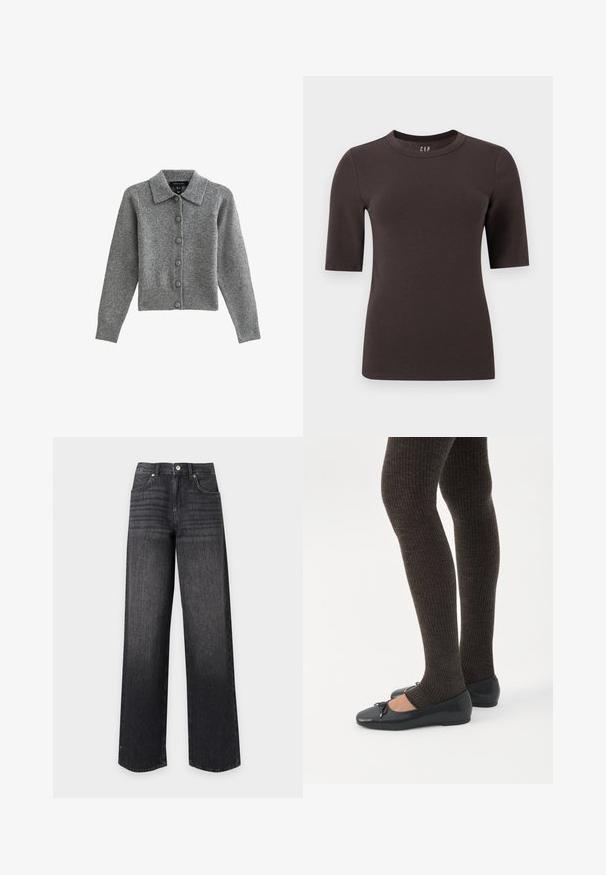 Grijze cardigan met een kraag, knopen aan de voorkant en een geribbelde zoom. Gemaakt van zacht materiaal, heeft het lange mouwen en zes bijpassende knopen.; Donkerbruine, korte mouwen, getailleerde T-shirt met ronde hals, effen ontwerp en zichtbaar binnenlabel op een effen achtergrond.; Zwarte denim jeans met hoge taille en rechte pijpen, voorzakken, riemlussen, knoop en ritssluiting op een witte achtergrond.; Benen met donkere geribbelde leggings gecombineerd met zwarte ballerina's met kleine strikdetails op een witte achtergrond.