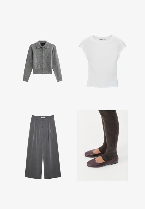 Grijze cardigan met een kraag, knopen aan de voorkant en een geribbelde zoom. Gemaakt van zacht materiaal, heeft het lange mouwen en zes bijpassende knopen.; Witte katoenen T-shirt met korte, opgerolde mouwen, een ronde halslijn en een rechte zoom. Gladde textuur zonder zichtbare patronen of accenten.; Grijze wijde broekspijpen met plooien, gemaakt van zachte stof. Voorzien van een knoopsluiting en een getailleerde tailleband.; Bordeaux lakleren ballerina's met een vierkante neus, gecombineerd met donkerbruine geribbelde sokken die tot halverwege de kuit reiken.