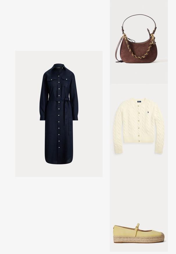 Kremfarvet kabelstrikket cardigan med lange ærmer, knapper foran, ribstrikkede manchetter og kant samt navyblåt broderet Polo Ralph Lauren-logo på brystet.; Navyblå langærmet skjortekjole med knapper foran, bælte i taljen, krave og to brystlommer med klap.; Gul ruskind Mary Jane flad sko med jute platformsål og justerbar rem med guldfarvet spænde, set fra siden.; Brun ruskind skuldertaske med guldkædedetalje og justerbar læderrem, med en lille logohalskæde og øverste lynlåslukning.