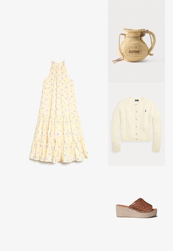 Cremefarbener Cardigan mit Zopfmuster, langen Ärmeln, Knopfleiste vorne, gerippten Bündchen und Saum sowie einem marineblau bestickten Polo Ralph Lauren-Logo auf der Brust.; Helles gelbes, ärmelloses Kleid mit Halterhals und gestuftem Rüschensaum, dekoriert mit einem kleinen weißen und lila Blumenmuster.; Braune gewebte Leder-Slipper-Sandale mit Keilabsatz, offenem Zehenbereich und Sohle mit Seilstruktur.; Runde, geflochtene Strohtasche mit Kordelgriff und dem Schriftzug "ALEMAIS" auf der Seite, in braunem Garn gestickt.
