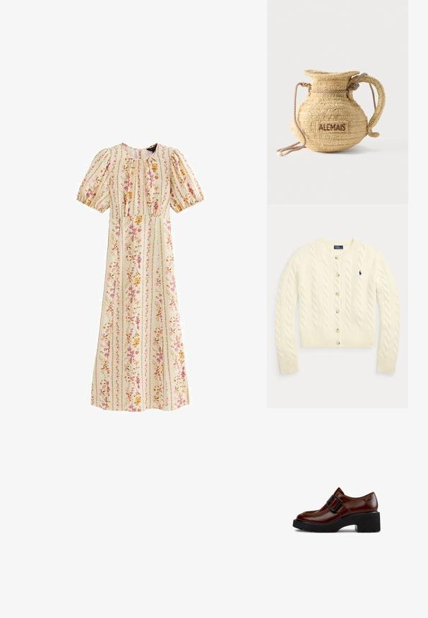 Cardigan en maille torsadée crème à manches longues, fermeture boutonnée, poignets et ourlet côtelés, avec logo Polo Ralph Lauren brodé en bleu marine sur la poitrine.; Robe midi crème avec manches bouffantes, encolure ronde, taille cintrée et rayures florales verticales dans des tons rose, orange et vert.; Mocassin en cuir marron avec un gros talon noir, une large sangle à boucle noire sur le dessus et une étiquette de marque près du talon.; Sac à main rond en paille tissée avec une anse en corde et "ALEMAIS" brodé sur le côté en fil marron.