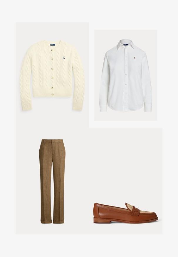 Kremfarvet kabelstrikket cardigan med lange ærmer, knapper foran, ribstrikkede manchetter og kant samt navyblåt broderet Polo Ralph Lauren-logo på brystet.; Hvid langærmet skjorte med knapper og krave samt lille broderet logo på venstre bryst, vist på ensfarvet baggrund.; Brune ternede bukser med lige ben, bæltestropper og opsmøgede kanter vist mod en ensfarvet baggrund.; Brun læderloafer med vævet beige panel på toppen, lavt træhæl og traditionelt penny-strap design på hvid baggrund.