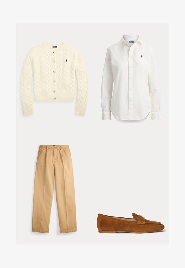 Cremefarbener Cardigan mit Zopfmuster, langen Ärmeln, Knopfleiste vorne, gerippten Bündchen und Saum sowie einem marineblau bestickten Polo Ralph Lauren-Logo auf der Brust.; Weißes langärmliges Hemd mit Knöpfen, Kragen und kleinem blauem Logo eines Polospielers auf der linken Brust.; Beige gerade geschnittene Hose mit Knopf- und Reißverschluss, Fronttaschen, Gürtelschlaufen und gebügelten Bügelfalten an den Beinen.; Brauner Wildleder-Loafer mit einem goldfarbenen Metallschnallendetail oben und einer flachen Absatzsohle.