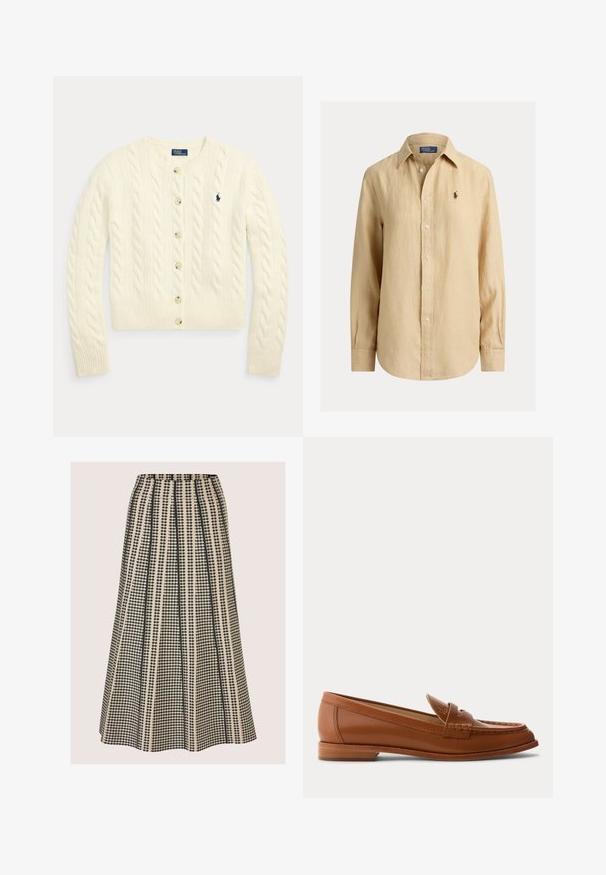 Cremefarbener Cardigan mit Zopfmuster, langen Ärmeln, Knopfleiste vorne, gerippten Bündchen und Saum sowie einem marineblau bestickten Polo Ralph Lauren-Logo auf der Brust.; Beige langärmliges Hemd mit Knopfleiste, Kragen, kleinem gesticktem Logo auf der linken Brustseite und sichtbaren Knöpfen vorne.; A-Linien Midirock mit hoher Taille, schwarz-beigem vertikal gestreiftem geometrischem Muster und Falten.; Brauner Lederloafer mit niedrigem Holzabsatz, klassischem Pennyriemen und genähten Details entlang der Zehen- und Seitenpartien.