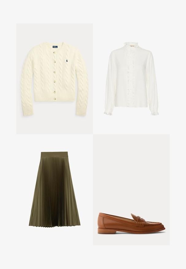 Cremefarbener Cardigan mit Zopfmuster, langen Ärmeln, Knopfleiste vorne, gerippten Bündchen und Saum sowie einem marineblau bestickten Polo Ralph Lauren-Logo auf der Brust.; Weiße Bluse mit einem gerafften Vorderteil, hohem Kragen und langen Ärmeln. Hergestellt aus einem glatten Stoff mit Knopfverschluss in der Mitte.; Olivegrüner Midirock mit breitem Bund und feinen vertikalen Falten, am Saum ausgestellt, auf weißem Hintergrund.; Brauner Lederloafer mit niedrigem Holzabsatz, klassischem Pennyriemen und genähten Details entlang der Zehen- und Seitenpartien.