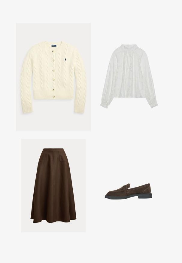 Cremefarbener Cardigan mit Zopfmuster, langen Ärmeln, Knopfleiste vorne, gerippten Bündchen und Saum sowie einem marineblau bestickten Polo Ralph Lauren-Logo auf der Brust.; Weiße Bluse mit langen Ärmeln, mit einem strukturierten Blumenmuster, gerafftem Ausschnitt und elastischen Bündchen. Weicher, leichter Stoff.; Brauner Leinenrock in A-Linie mit hohem Bund, zwei Vorderentaschen und glatter Textur, der unterhalb des Knies endet.; Braune Wildleder-Pantoletten mit einem niedrigen Blockabsatz, die über eine geflochtene Verzierung an der Vorderseite und kontrastierende Nähte an den Seiten verfügen.