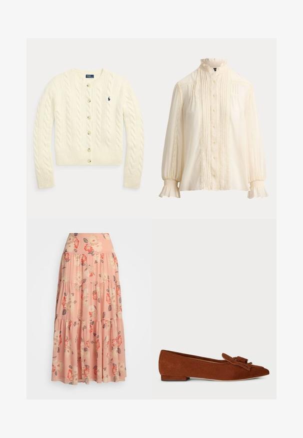 Cremefarbener Cardigan mit Zopfmuster, langen Ärmeln, Knopfleiste vorne, gerippten Bündchen und Saum sowie einem marineblau bestickten Polo Ralph Lauren-Logo auf der Brust.; Langärmelige Bluse in Creme mit Rüschenkragen und -manschetten, durchgehender Knopfleiste vorne, vertikalen Falten und Spitzenbesatz.; Blumiger Maxikleid in sanftem Pink mit gestuften Lagen. Mit roten und cremefarbenen Blumen sowie grünen Blättern, aus einem leichten, fließenden Stoff gefertigt.; Wildlederbrauner flacher Schuh mit spitzem Zeh und dekorativer Quaste auf der Vorderseite. Verfügt über einen niedrigen Absatz und eine glatte Textur.