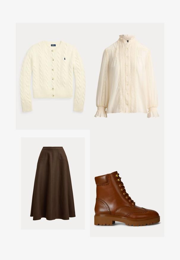 Kremfarvet kabelstrikket cardigan med lange ærmer, knapper foran, ribstrikkede manchetter og kant samt navyblåt broderet Polo Ralph Lauren-logo på brystet.; Langærmet bluse i cremefarve med flæsekant ved krave og manchetter, knaplukning foran, lodrette folder og blondekantdetaljer.; Brun linned A-formet nederdel med høj talje, der har to forlommer og en glat tekstur, som falder under knæet.; Brune læder ankelstøvler med rund tå, gyldne øjeknapper og brogue-detaljer. Kraftig brun gummisål med tekstureret mønster.
