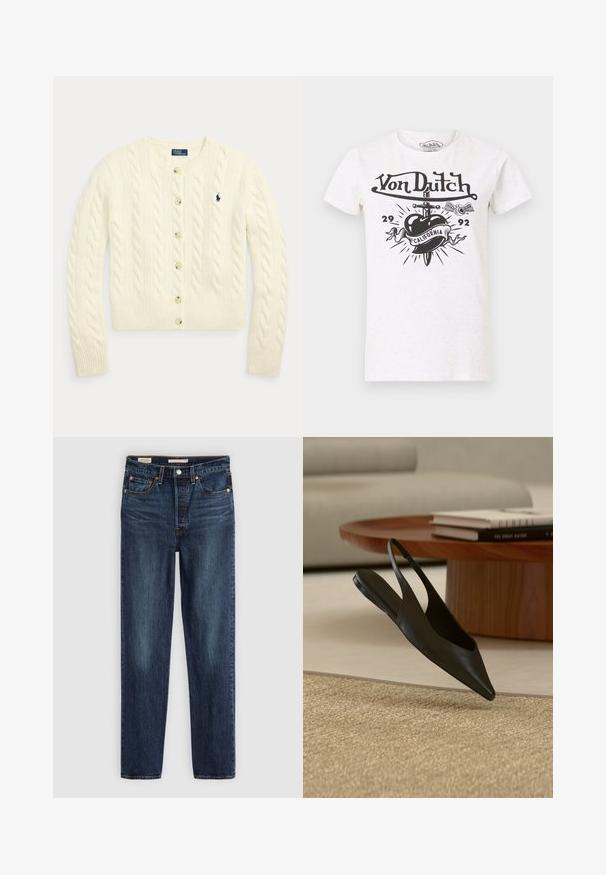 Cremefarbener Cardigan mit Zopfmuster, langen Ärmeln, Knopfleiste vorne, gerippten Bündchen und Saum sowie einem marineblau bestickten Polo Ralph Lauren-Logo auf der Brust.; Weißes T-Shirt mit kurzen Ärmeln, schwarzem Von-Dutch-Logo, einem von einem Dolch durchbohrten Herz, einem Banner mit der Aufschrift "California", den Zahlen "29" und "92" sowie einer Grafik eines geflügelten Augapfels.; Dunkelblaue gerade geschnittene Jeans mit fünf Taschen, Knopf- und Reißverschluss und kontrastierenden Nähten.; Schwarzer Slingback-Flachschuh mit spitzer Spitze neben rundem Holztisch mit gestapelten Büchern auf beigem Teppich in modernem Wohnzimmer.