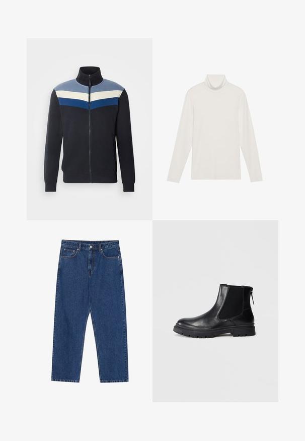 Sweat-shirt zippé marine avec col montant, présentant des rayures horizontales en bleu clair, crème et bleu foncé sur la poitrine.; Haut à col roulé à manches longues en blanc. Tissu doux et extensible avec une silhouette ajustée. Présente un col haut et un minimum de couture.; Jeans en denim bleu foncé, avec une coupe droite, des poches avant et une braguette à bouton avec des coutures contrastées.; Bottine en cuir noir avec une finition lisse, des panneaux latéraux en maille élastique et une semelle robuste avec un motif de crampons visible.