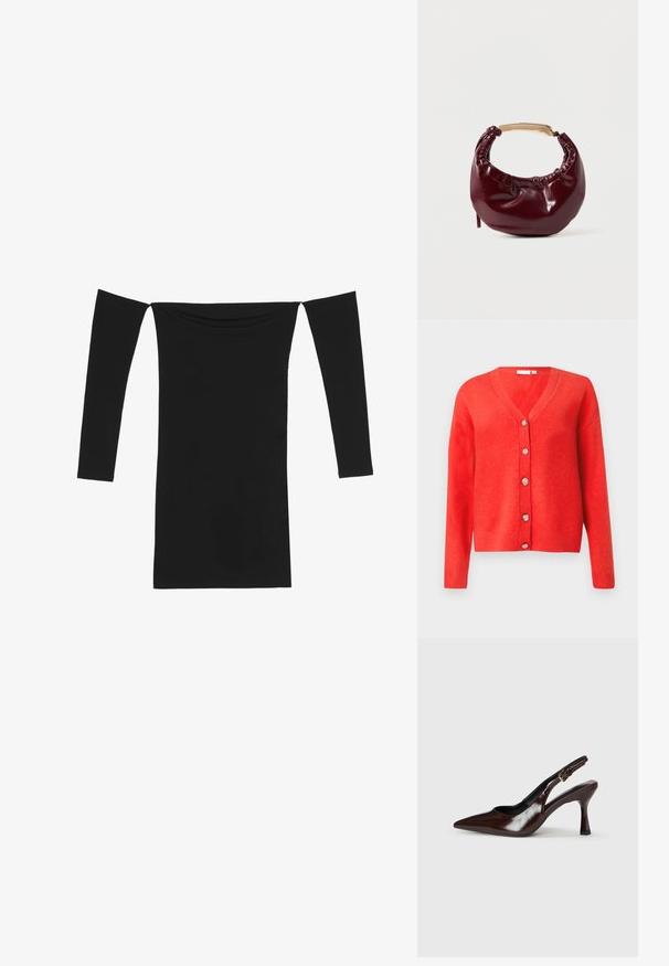 Rød V-hals cardigans med lange ærmer og fem dekorative sølvknapper ned foran, vist på en ensfarvet baggrund.; Even&Odd Cocktailkjole / festkjole - black; Brune patenterede læderslingback-sandaletter med spids tå, en tynd hæl og justerbar rem med en lille spænde.; Bordeaux farvet faux læder handbag med en afrundet form, samling detaljer og et guldtonet metalhåndtag. Glat tekstur og blank finish.