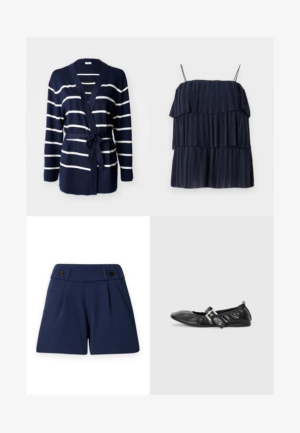 Navy- und weiß gestreifte Strickjacke aus weichem Material, mit Wickeldesign, langen Ärmeln und einem Bindegürtel in der Taille.; Marineblaues, plissiertes Oberteil mit geschichteter Gestaltung, dünnen Trägern und weicher Textur. Jede Schicht weist vertikale Falten auf, die Tiefe und Bewegung erzeugen.; Tiefblau zugeschnittene Shorts aus leichtem Stoff, mit zwei vorderen Falten und zwei schwarzen Knöpfen am Bund.; Schwarze Leder-Ballerinas mit spitzem Zehenbereich, gerafften Details am Schaft und einem silbernen Schnallenakzent am verstellbaren Riemen.