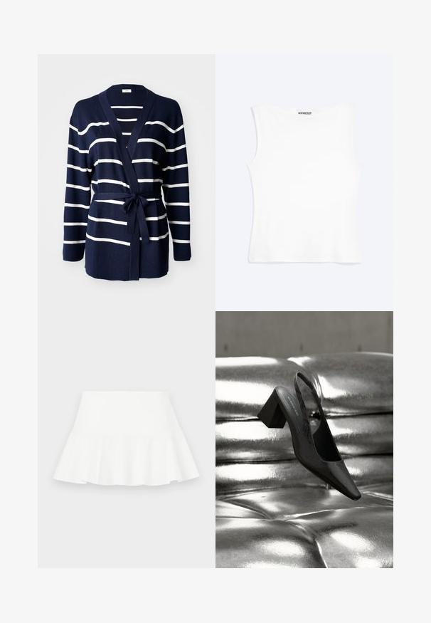 Marineblauwe en witte gestreepte cardigan van zachte stof, met een wikkelontwerp, lange mouwen en een strikceintuur in de taille.; Wit nauwsluitend mouwloos tanktopje met een ronde halslijn en minimalistisch ontwerp, met het label "WEEKDAY" aan de binnenkant van de kraag.; Witte flared rok met een gerimpelde zoom, een gladde textuur en een elastische tailleband. Het materiaal lijkt lichtgewicht en ademend te zijn.; Zwarte slingback hak met een puntige neus, voorzien van een getextureerd oppervlak en een stevige blokhak. Geplaatst tegen een glanzende, metallic achtergrond.