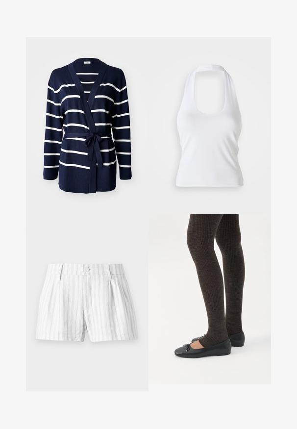 Marineblauwe en witte gestreepte cardigan van zachte stof, met een wikkelontwerp, lange mouwen en een strikceintuur in de taille.; Witte haltertop met een ronde halslijn, gemaakt van een gladde, rekbare stof. Heeft een minimalistisch ontwerp zonder versieringen of patronen.; Witte katoenen shorts met lichtgrijze verticale strepen, voorzien van een knoopsluiting, plooien en zijzakken. Eenvoudig en casual ontwerp.; Benen met donkere geribbelde leggings gecombineerd met zwarte ballerina's met kleine strikdetails op een witte achtergrond.