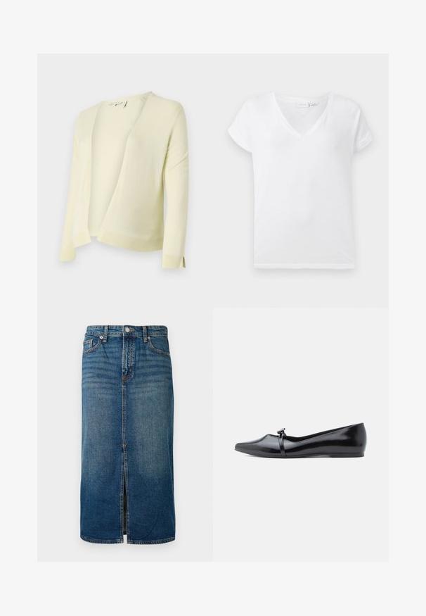 Cardigan tricoté jaune clair avec un décolleté en V, une ouverture sur le devant et des manches longues. Présente un ourlet et des poignets côtelés pour une texture supplémentaire. Matière douce.; T-shirt blanc à col en V fabriqué en coton doux, avec des manches courtes à revers et une coupe décontractée, affichant un design simple et sans fioritures.; Jupe midi en denim bleu foncé avec une fente à l'avant, cinq poches et des coutures contrastées. Elle dispose d'une fermeture par bouton et zip à la taille.; Ballerine en cuir verni noir avec bout pointu, bride décorative et texture lisse. Design minimaliste sans accents visibles.