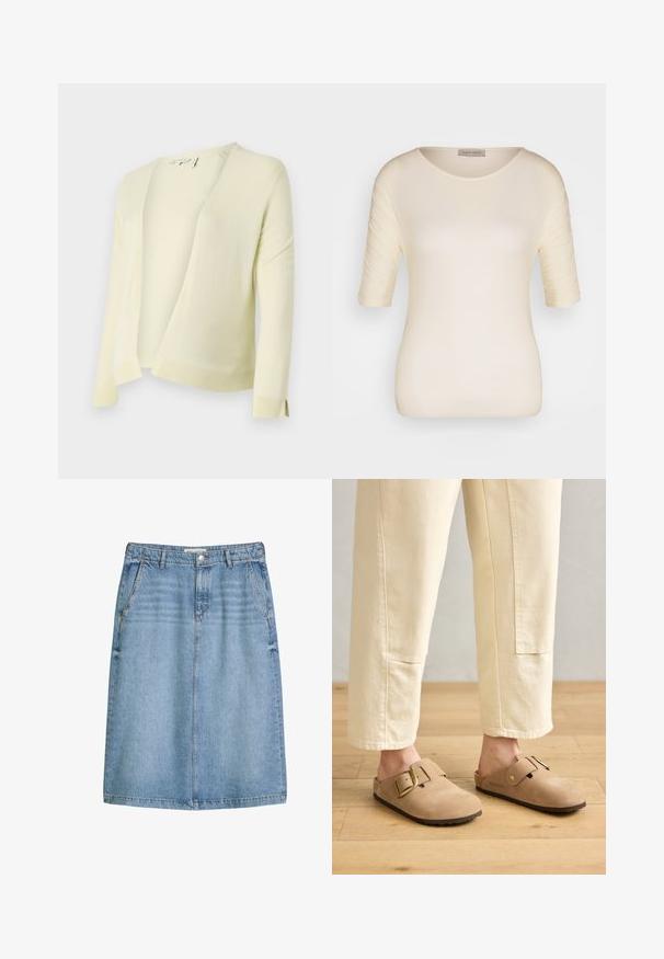 Cardigan tricoté jaune clair avec un décolleté en V, une ouverture sur le devant et des manches longues. Présente un ourlet et des poignets côtelés pour une texture supplémentaire. Matière douce.; Haut à manches courtes de couleur crème en tissu doux, avec un col rond et une texture subtile sur les manches. Étiquette visible au niveau du col.; Jupe en denim bleu clair avec boutons sur le devant, fermeture éclair, passants pour ceinture, poches avant inclinées, longueur genou, coupe droite.; Sabots en cuir suédé beige avec une large sangle et une boucle en or, surface texturée et semelle en caoutchouc marron ; portés avec un pantalon ivoire ample et fuselé.