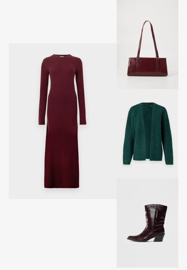 Vero Moda VMNOVAH - Chaqueta de punto - pine grove; Vestido burdeos de punto con mangas largas, cuello redondo y silueta ajustada, con textura suave y diseño hasta el suelo.; Botines de cuero burdeos con punta afilada, superficie texturizada y tacón bajo cónico. Presentan costuras sutiles y un ajuste ceñido.; Bolso burdeos hecho de material brillante, de forma rectangular, con dos asas para el hombro y sutiles acentos curvados en la parte frontal.