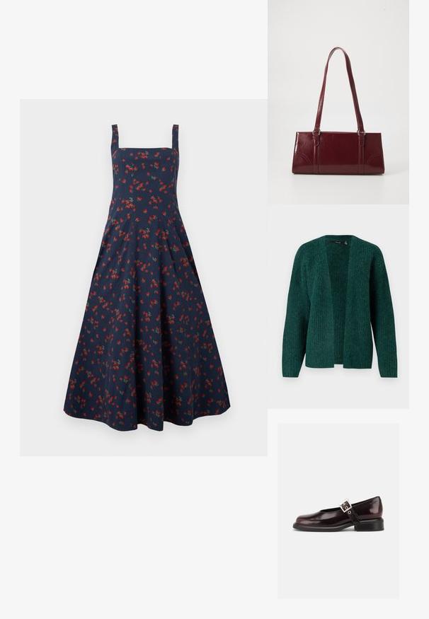 Vero Moda VMNOVAH - Vest - pine grove; Marineblauwe mouwloze midi-jurk met een vierkante halslijn en rood bloemenpatroon, nauwsluitend lijfje en uitlopende rok.; Enkele glanzende donker bordeauxrode Mary Jane schoen met brede band en zilveren gesp, lage blokhak en afgeronde neus op witte achtergrond.; Bourgondische handtas van glanzend materiaal, rechthoekige vorm, met twee schouderbanden en subtiele gebogen accenten aan de voorkant.