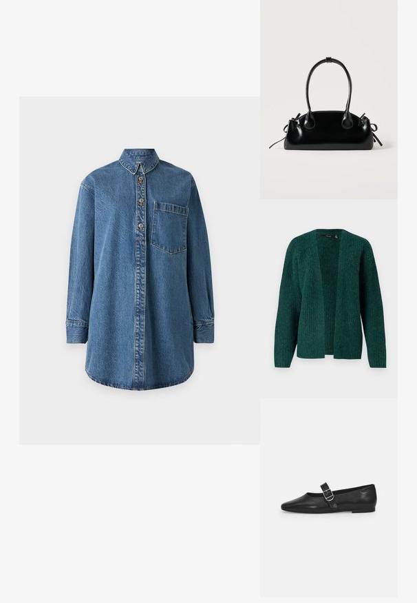 Vero Moda VMNOVAH - Gilet - pine grove; Chemise en denim bleu moyen avec des manches longues, un devant à boutons, un col pointu et une poche poitrine. Présente des accents de couture visibles.; Chaussure plate en cuir noir avec un bout arrondi, une seule sangle réglable à boucle et une texture lisse et brillante. Design minimaliste avec un petit talon.; Petit sac à main noir brillant avec deux longues anses et des détails à cordon sur les côtés sur un fond clair uni.