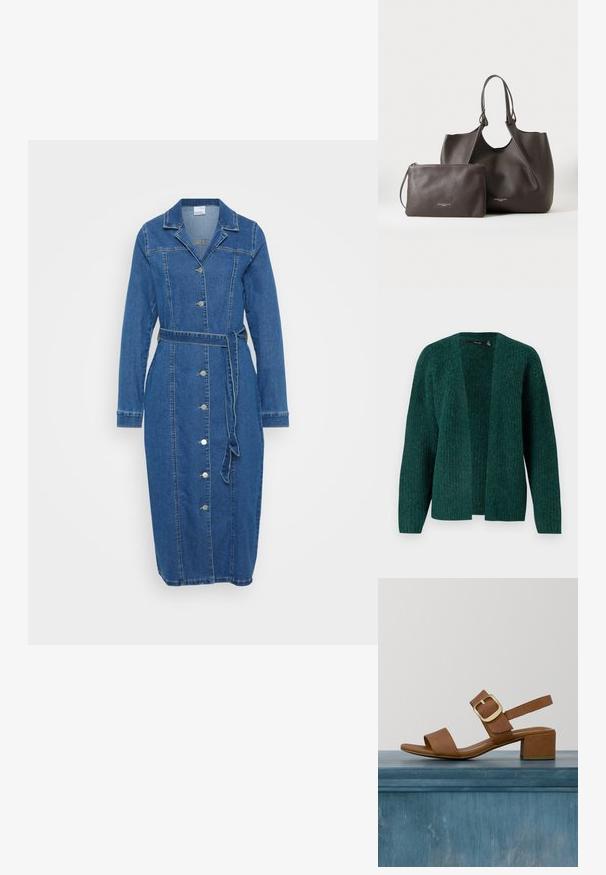 Vero Moda VMNOVAH - Chaqueta de punto - pine grove; Vestido de mezclilla con mangas largas, cierre de botones en la parte delantera, cuello, cintura ceñida con un cinturón y un corte a la altura de la rodilla. Presenta un color azul medio y costuras visibles.; Sandal de tacón en cuero marrón con una correa ancha y un detalle de hebilla dorada. Presenta un tacón cuadrado de altura media y un acabado suave y mate.; Bolso tote de cuero marrón oscuro texturizado con dos asas junto a un estuche con cremallera a juego sobre un fondo liso y claro.