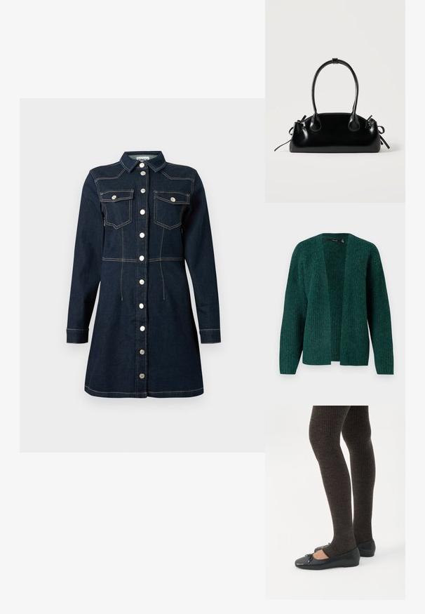 Vero Moda VMNOVAH - Vest - pine grove; Donkerblauwe denim jurk met lange mouwen, knoopsluiting aan de voorkant, twee klepzakken op de borst en contrasterend stiksel.; Benen met donkere geribbelde leggings gecombineerd met zwarte ballerina's met kleine strikdetails op een witte achtergrond.; Kleine zwarte glanzende handtas met twee lange hengsels en zijkant trekkoord details op een effen lichte achtergrond.