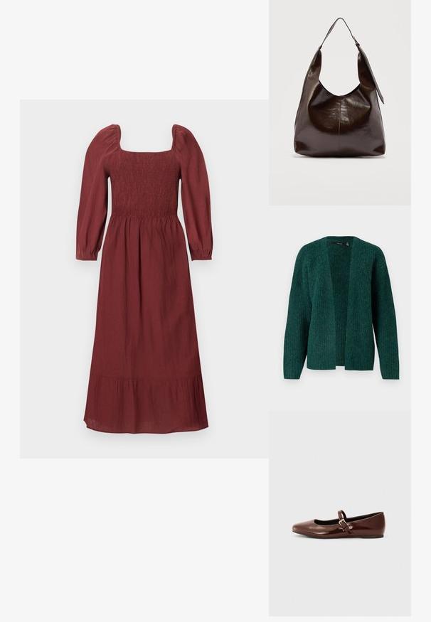 Vero Moda VMNOVAH - Cardigan - pine grove; Bordeauxrød midi-kjole med puffede lange ærmer, firkantet halsudskæring, rynket krop, indsnævret talje og flæsekant.; Brun patentlæder balletflade med firkantet tå og strop med en lille guldbuckle. Glat tekstur, lav hæl og minimalistisk design.; Mørkebrunt, skinnende læder skuldertaske med en enkelt bred rem og spændedetalje på den ene side, sat mod en ensartet lys baggrund.