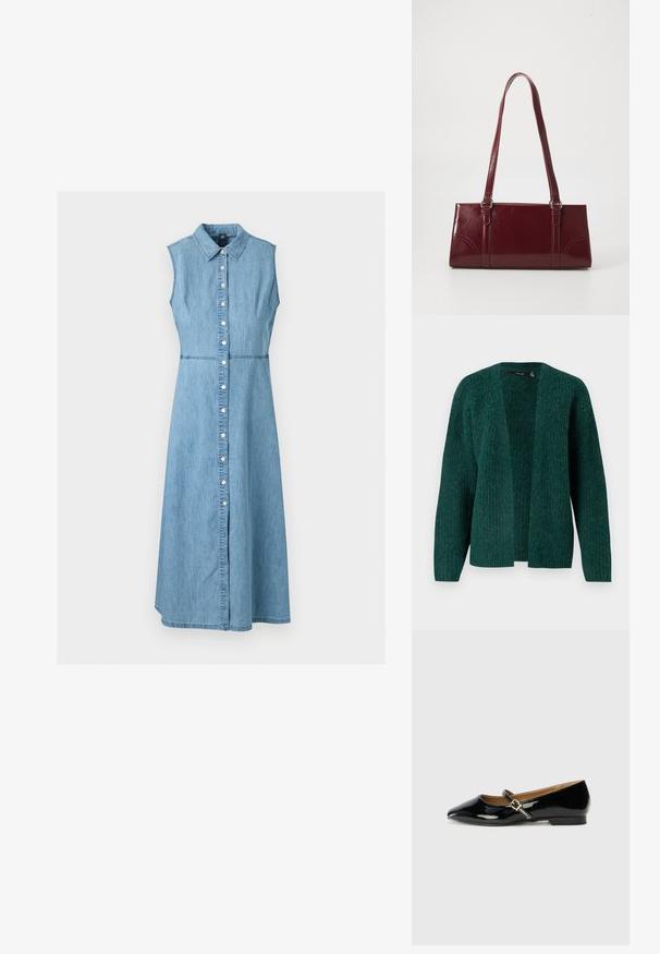 Vero Moda VMNOVAH - Neuletakki - pine grove; Hihaton vaaleansininen farkkumekko, jossa kaulus ja edessä napitus, istuva vyötärö ja A-linjainen helma.; Musta lakattu tennari, jossa on terävä kärki, nilkkakahva kultaisella soljella ja matala lohkopohja. Lima, kiiltävä pinta.; Burgundin värinen käsilaukku, joka on valmistettu kiiltävästä materiaalista, suorakaiteen muotoinen, kahdella olkahihnalla ja hienovaraisilla kaarevilla aksentteilla edessä.