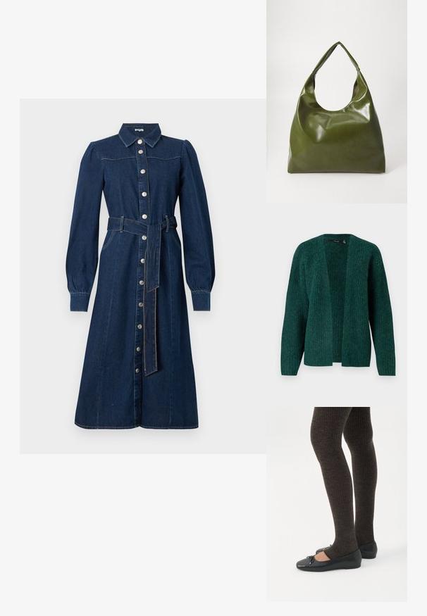Vero Moda VMNOVAH - Chaqueta de punto - pine grove; Vestido de denim azul oscuro con mangas largas, cierre de botones en la parte delantera, cuello y un cinturón a juego en la cintura; presenta costuras sutiles y bolsillos.; Piernas con leggings oscuros acanalados combinados con bailarinas negras que presentan pequeños detalles de lazo sobre un fondo blanco.; Bolsa hobo verde de cuero con un diseño suave, asa curvada y textura lisa. No contiene hardware visible ni acentos.