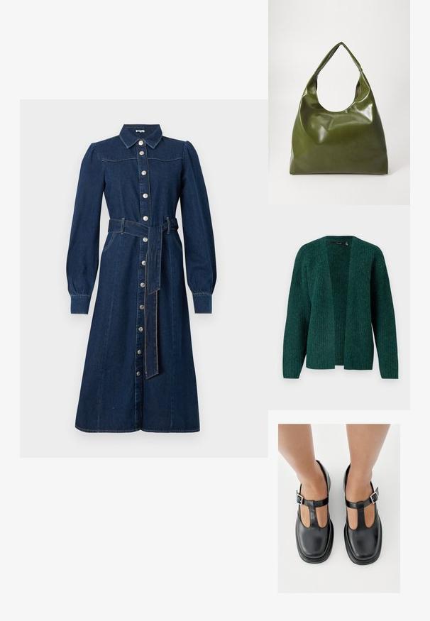 Vero Moda VMNOVAH - Cardigan - pine grove; Mørkeblå denimkjole med lange ærmer, knaplukning foran, krave og et matchende bælte i taljen; har subtile syninger og lommer.; Sorte lædersko med T-rem-design, lukket tå og sølvfarvede spændeaccenter. Glat tekstur med rundet tå og flad sål.; Grøn læder hobo taske med en slouchy design, buet håndtag og glat tekstur. Indeholder ingen synlig hardware eller accenter.