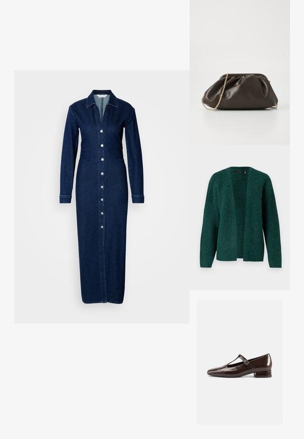Vero Moda VMNOVAH - Gilet - pine grove; Robe en jean à manches longues, avec un col et une fermeture à boutons à l'avant. Tissu bleu foncé avec une taille ajustée et une longueur maxi droite.; Chaussures Mary Jane en cuir verni marron avec un bout arrondi, un design ajouré et une bride réglable. Talon bas bloc.; Sac à main en cuir marron avec un design froncé, une bandoulière en chaîne dorée et une finition douce et texturée. Sa forme compacte est idéale pour une utilisation en soirée.