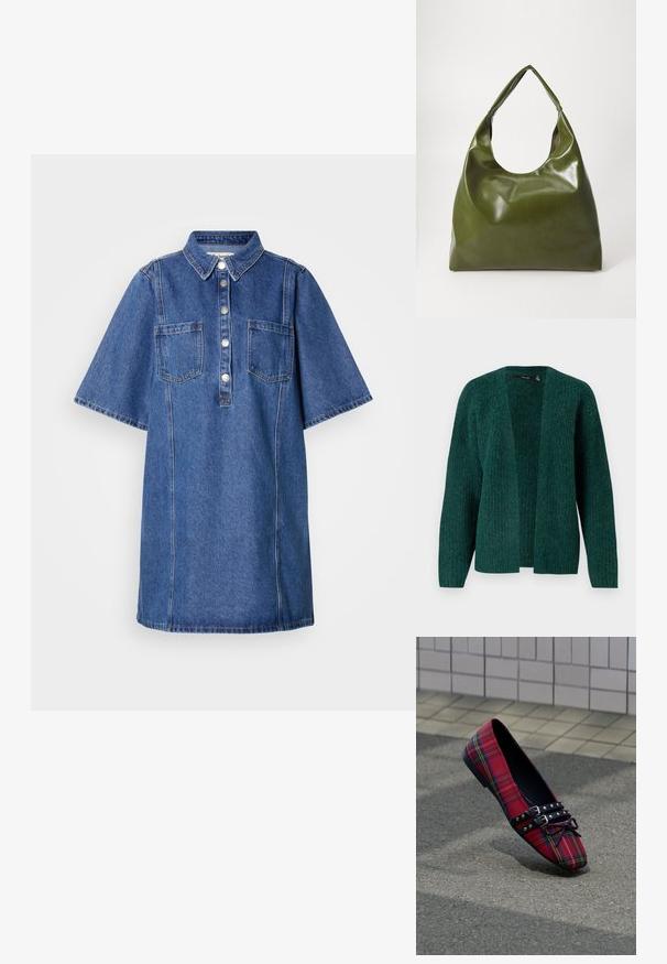 Vero Moda VMNOVAH - Kardigan - pine grove; Denimtavaga kleit kraega kaeluse, lühikeste varrukate, ees nööpidega sulgemise ja kahe rinnataskuga. Omadused on tume sinine pesu ja sirge lõige.; Punane tartaanist madal kontsaga king, terava varbaga, mustade naelutatud topeltpaelte ja paelaga, asetatud asfaltile plaatidega kaetud seina lähedale.; Roheline nahast hobo-kott, millel on laisk disain, kumer käepide ja sile tekstuur. Ei sisalda nähtavaid riistade ega aksessuaare.